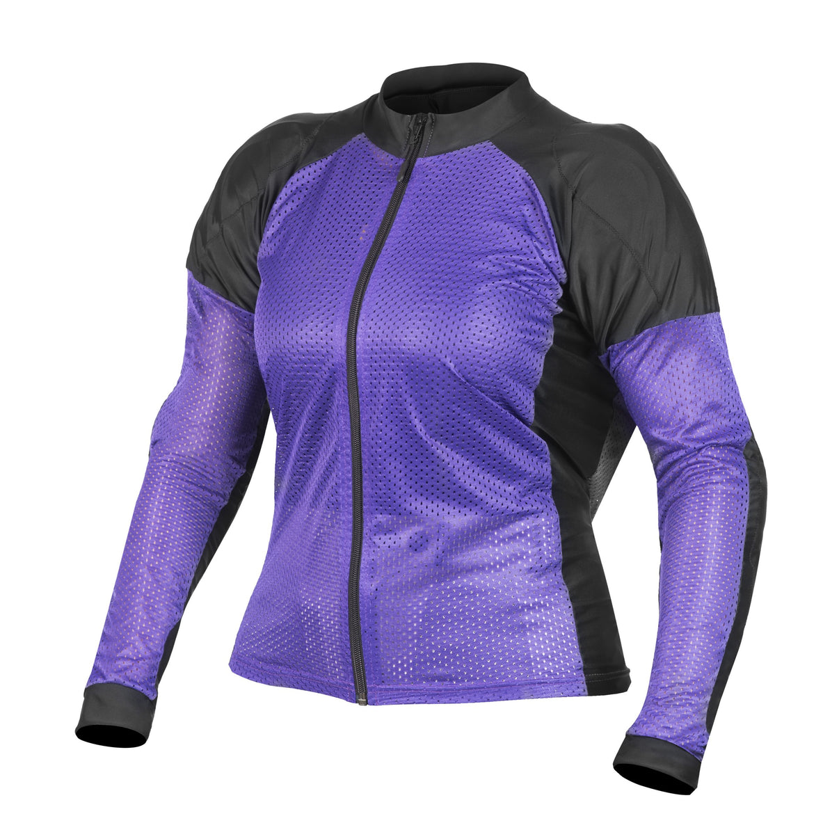 Front view of a purple and black mesh motorcycle riding shirt featuring a full-length front zip