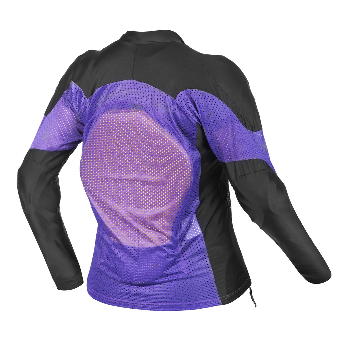 Back view of a black and purple mesh motorcycle riding shirt featuring CE Level 2 armor