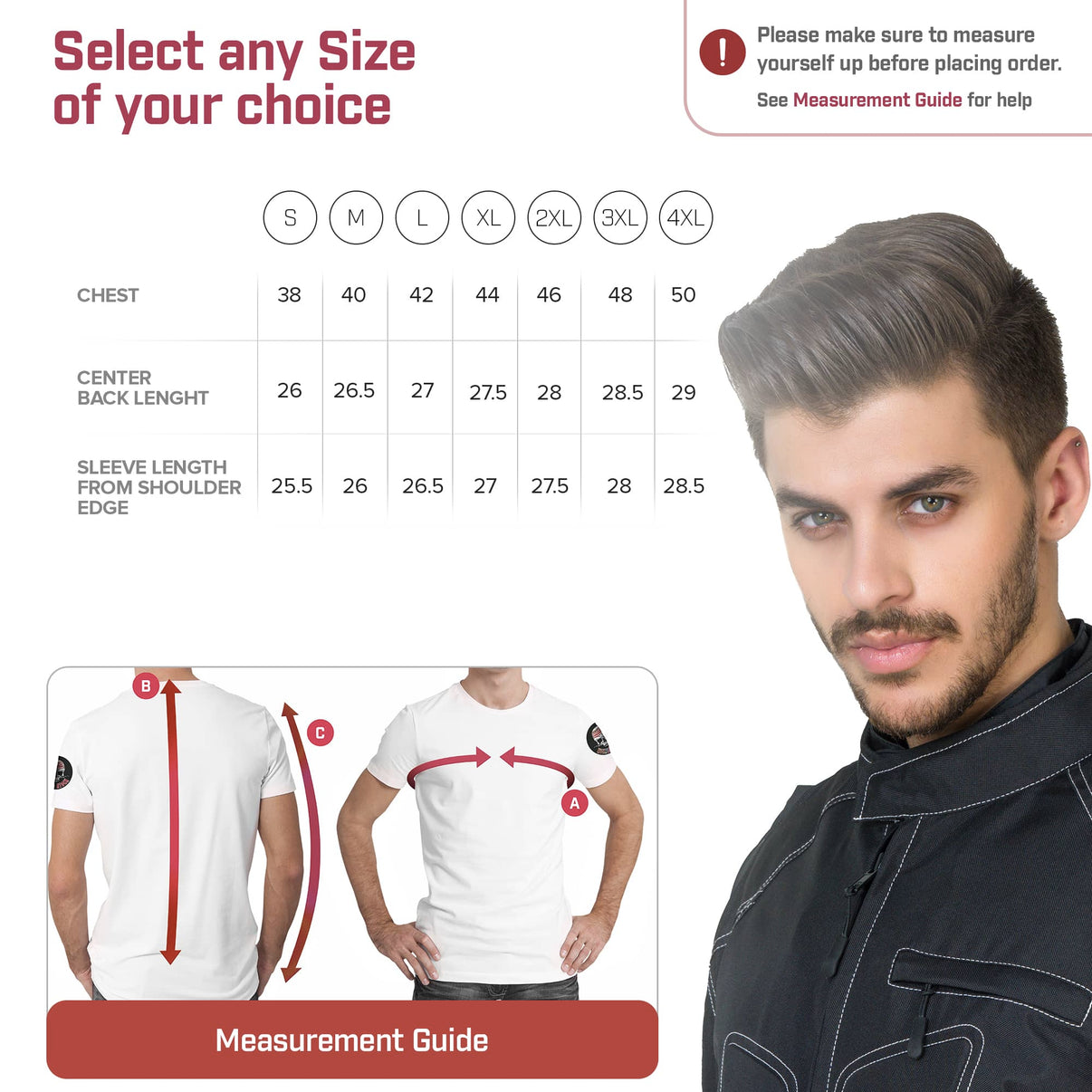 Cordova jacket sizing chart for sizes S to 4XL, listing chest, back length, and sleeve measurements