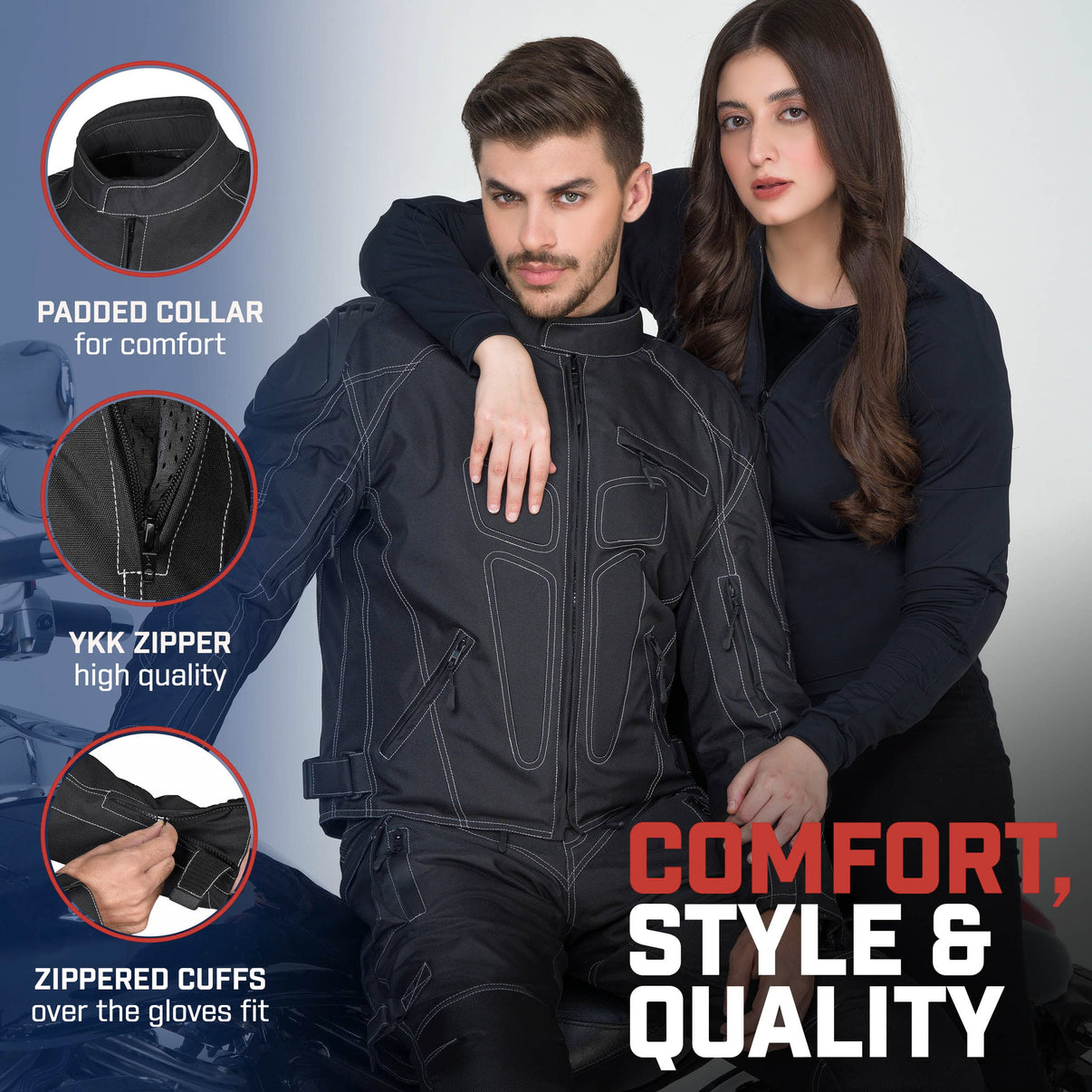 Front view of a black waterproof 600D textile motorcycle jacket worn by a model, featuring CE armor and zippered cuffs