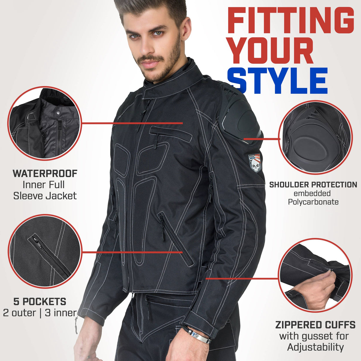 Front view of a waterproof 600D textile motorcycle jacket with CE armor and zippered cuffs worn by a model