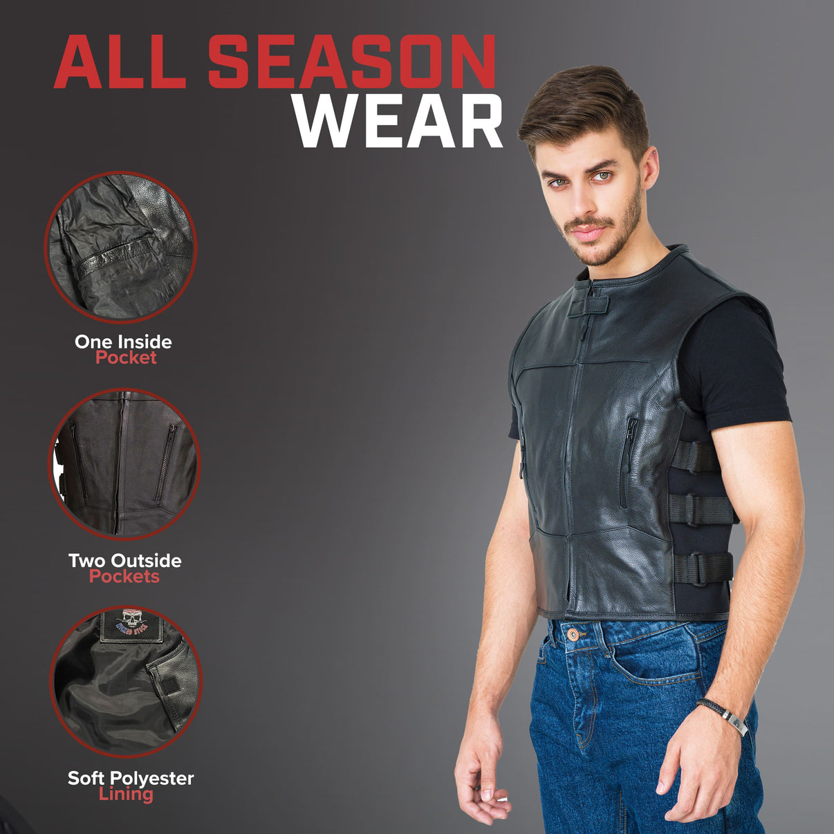 A model wears a black cowhide leather motorcycle vest featuring side straps and zipper pockets