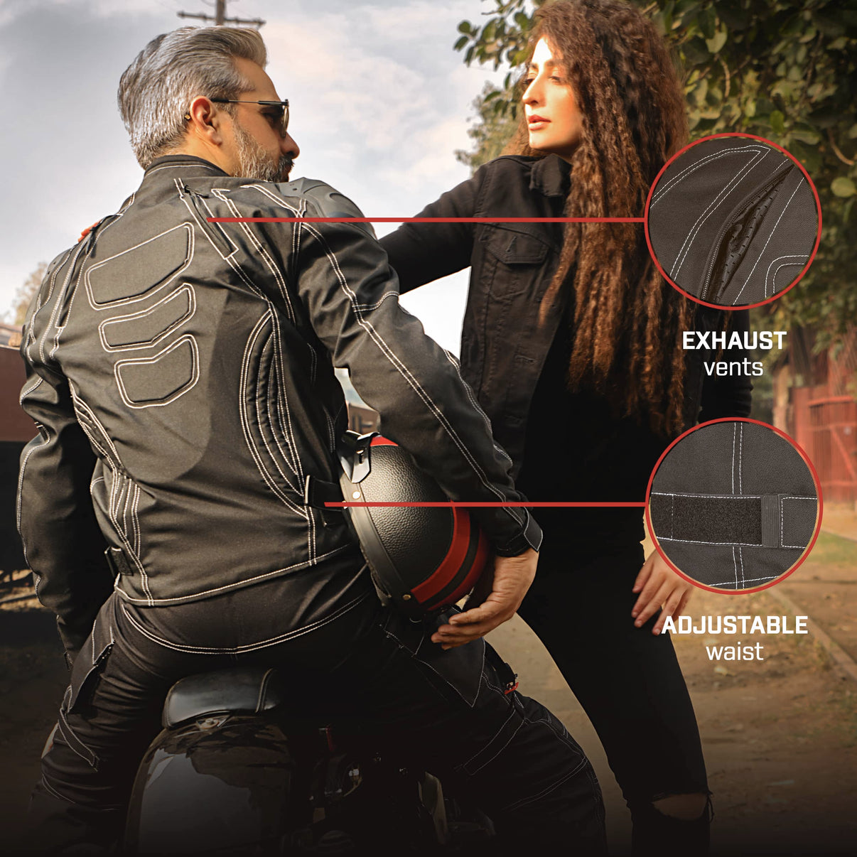 A black waterproof 600D textile motorcycle jacket worn, viewed from the back