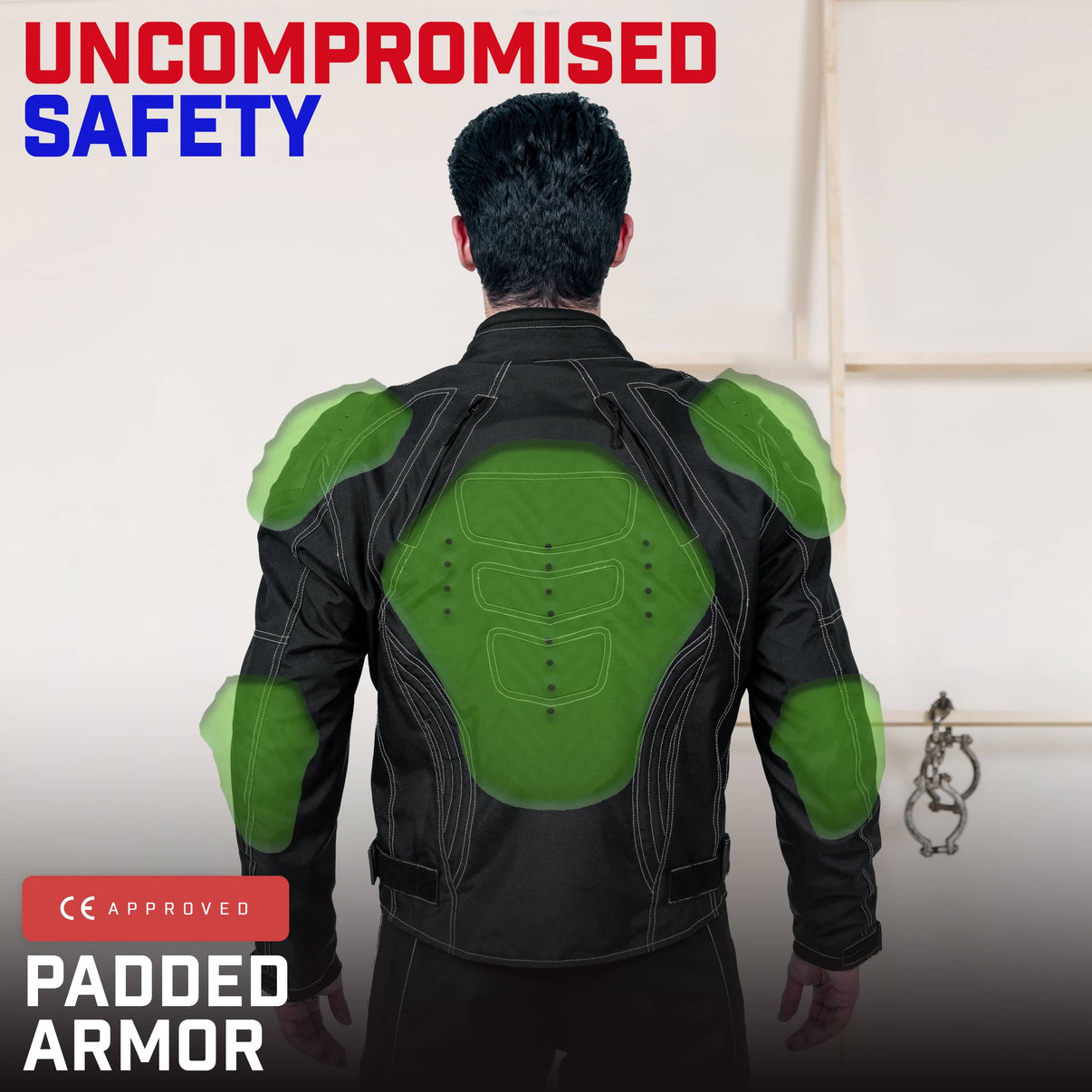 Model wears a black 600D textile motorcycle jacket, shown from back with CE armor