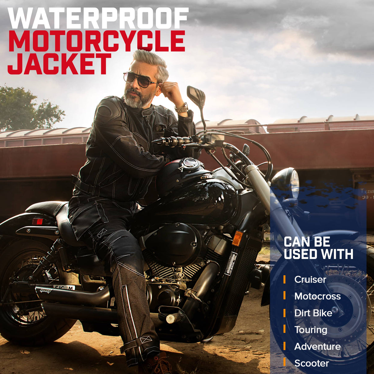 A model wears a black waterproof 600D textile motorcycle jacket featuring CE armor and zipped pockets