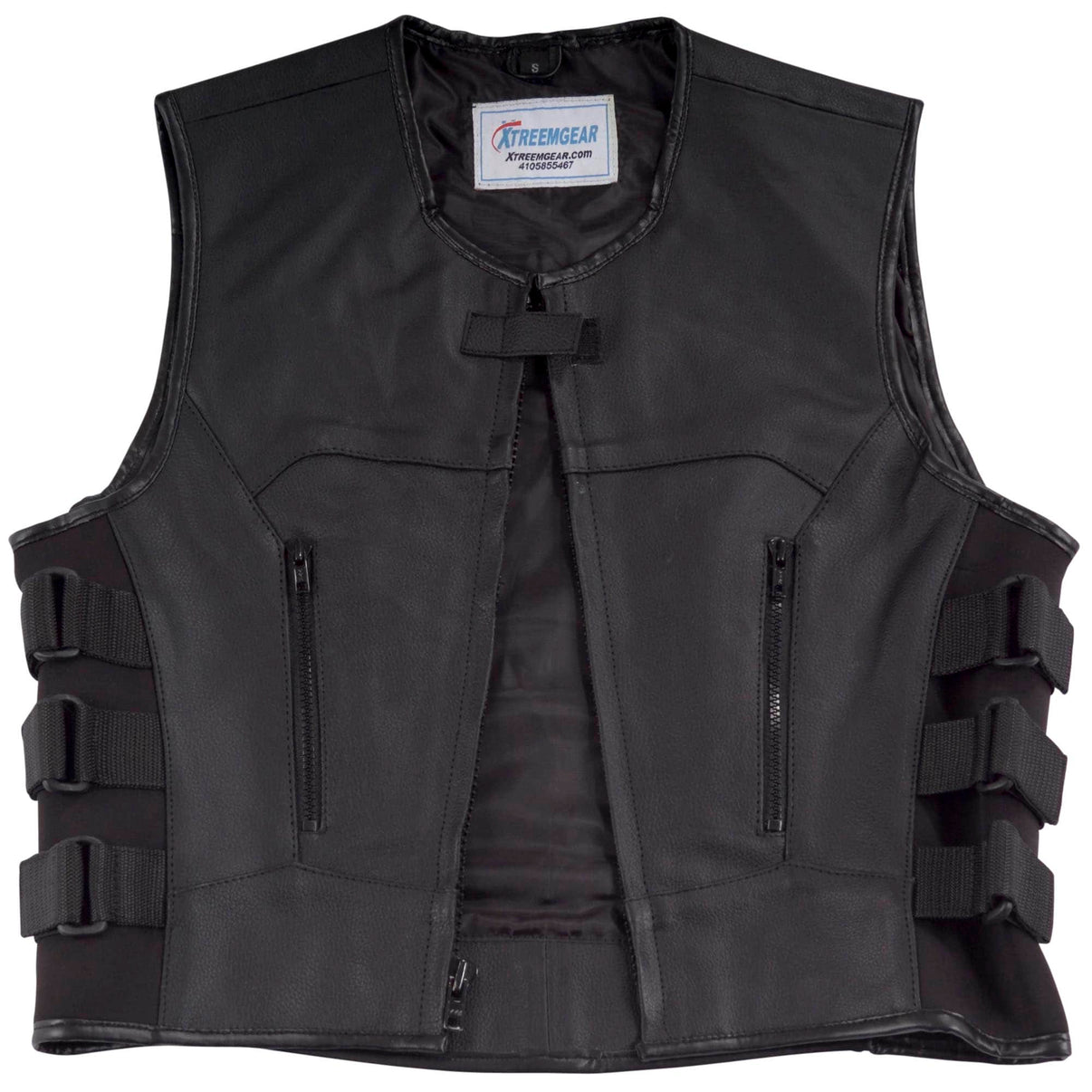Front view of a black full-grain leather motorcycle vest with zipper pockets and side straps