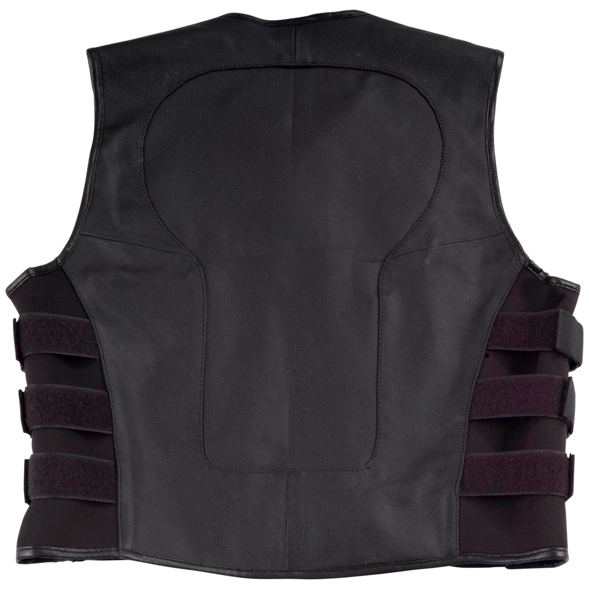 Back view of a black full-grain cowhide leather motorcycle vest featuring stretch panels