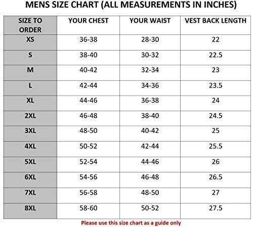Size chart for men's vest, listing chest, waist, and length measurements for sizes XS to 8XL