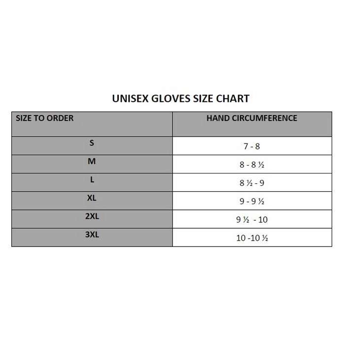 This chart lists hand circumferences for glove sizes ranging from S to 3XL