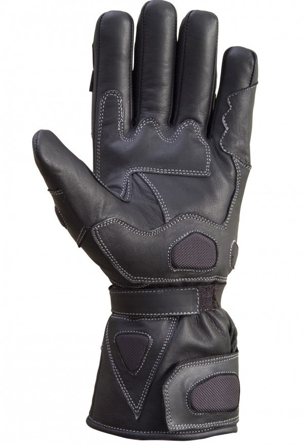 Front view of black leather motorcycle gloves with a gauntlet cuff and wrist strap