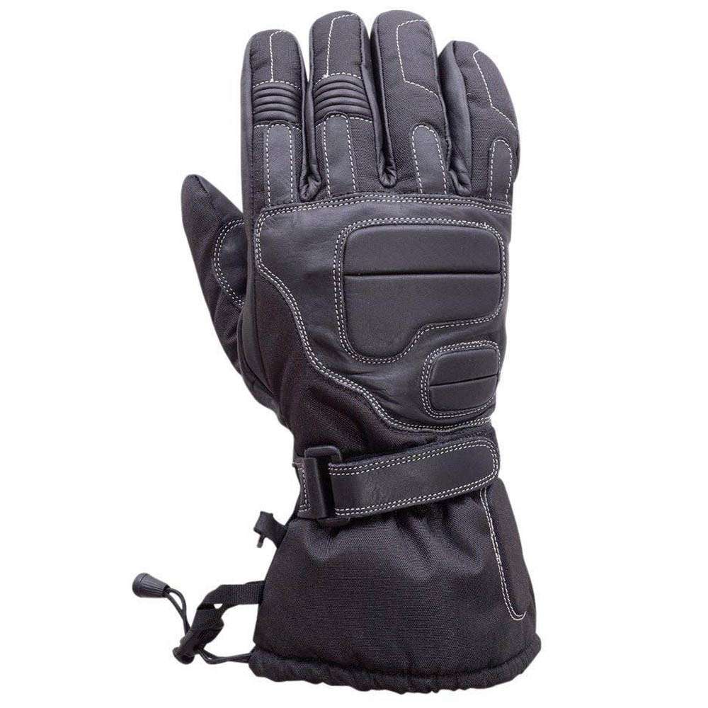 Front view of black cowhide leather motorcycle gloves featuring padded knuckles and a gauntlet cuff
