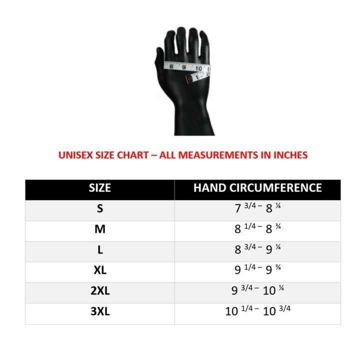 A chart shows hand circumference measurements in inches for glove sizes S to 3XL