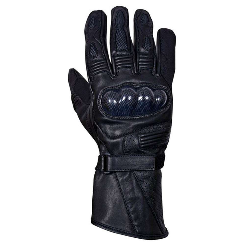 Front view of black leather motorcycle gloves featuring carbon/titanium knuckle protection