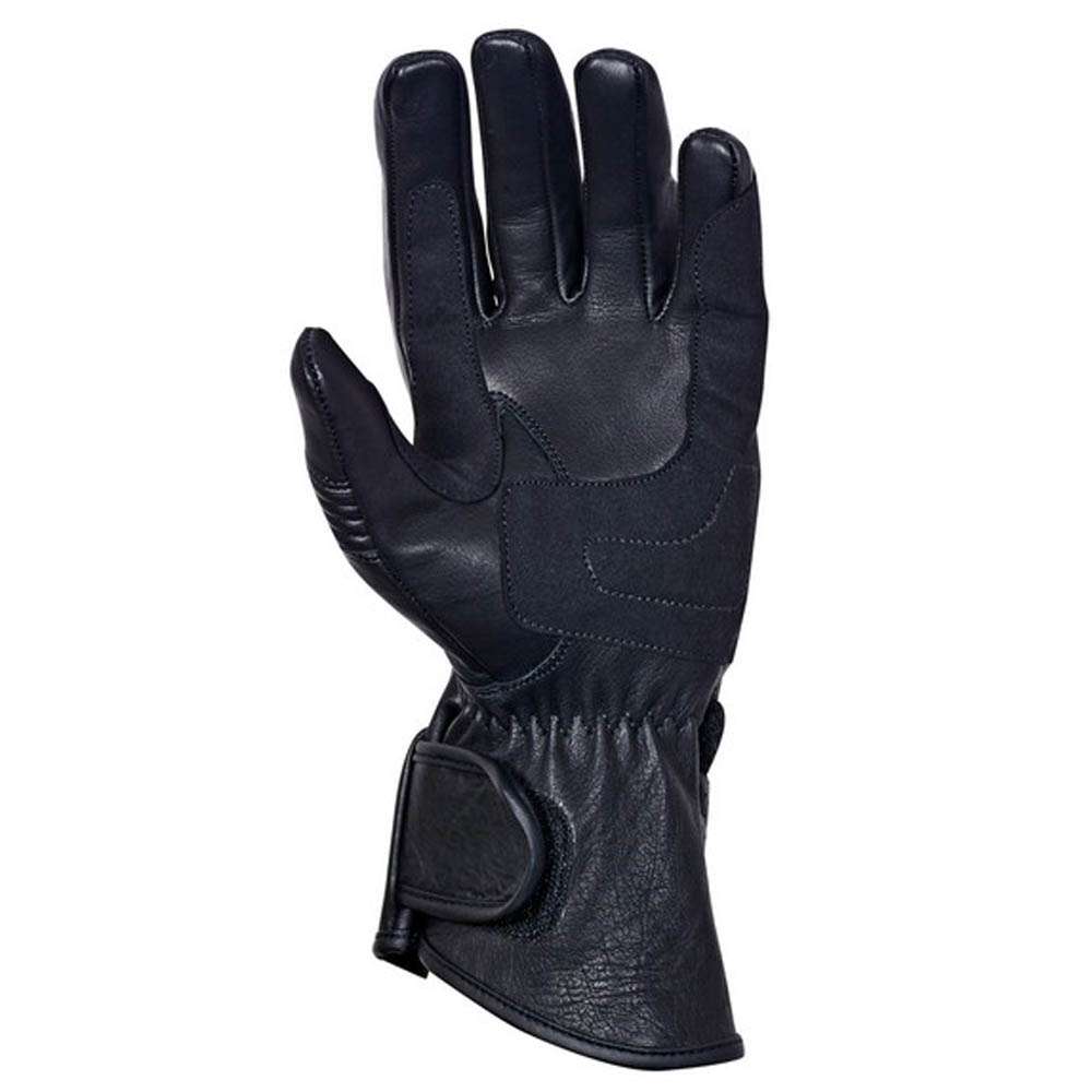Black cowhide leather motorcycle gloves shown from the front with double stitching and cuffs