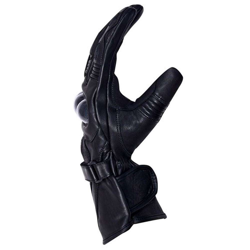 Side view of black cowhide leather motorcycle gloves showing carbon/titanium knuckle protection