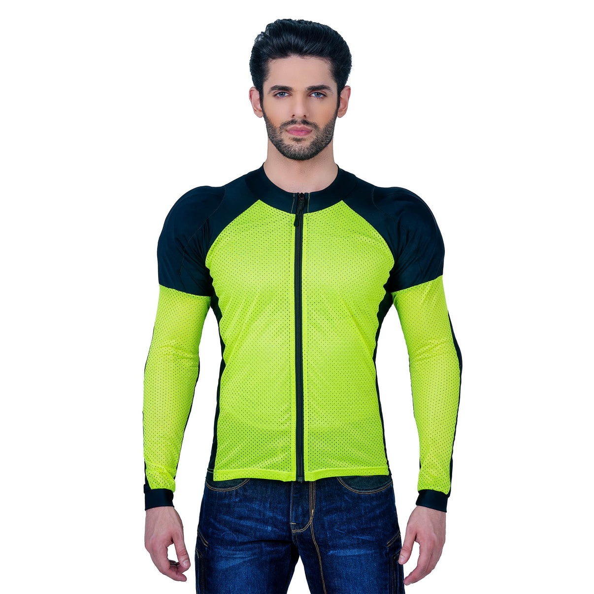 A model wears a front-view CE Level 2 armored mesh motorcycle riding shirt with a full-length front zip