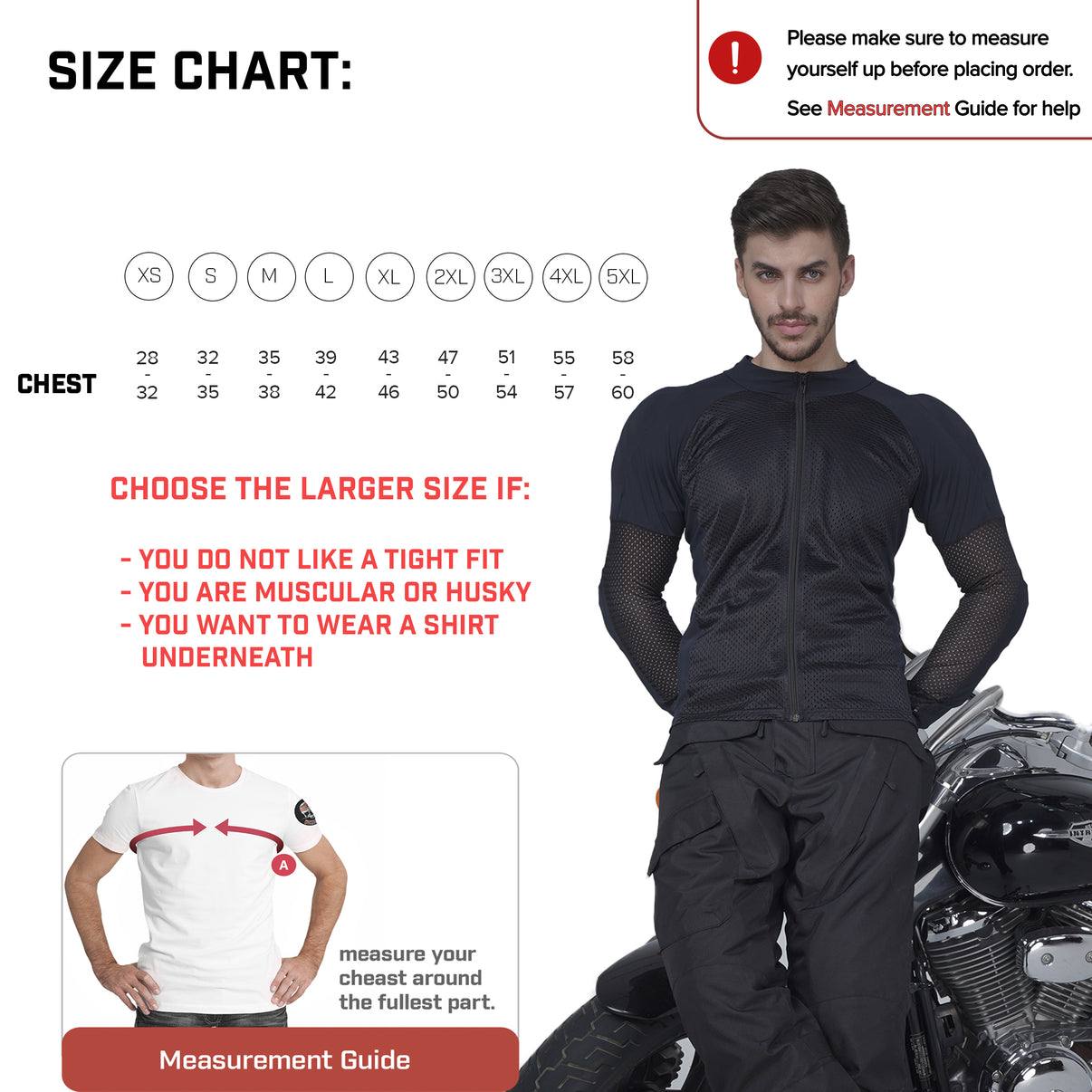 Chest size ranges from XS (28-32") to 5XL (58-60")