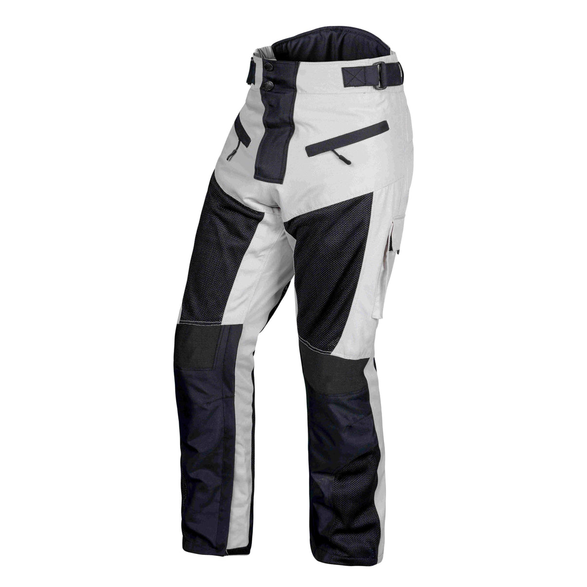 Front three-quarter view of grey and black mesh motorcycle riding pants with zippered pockets