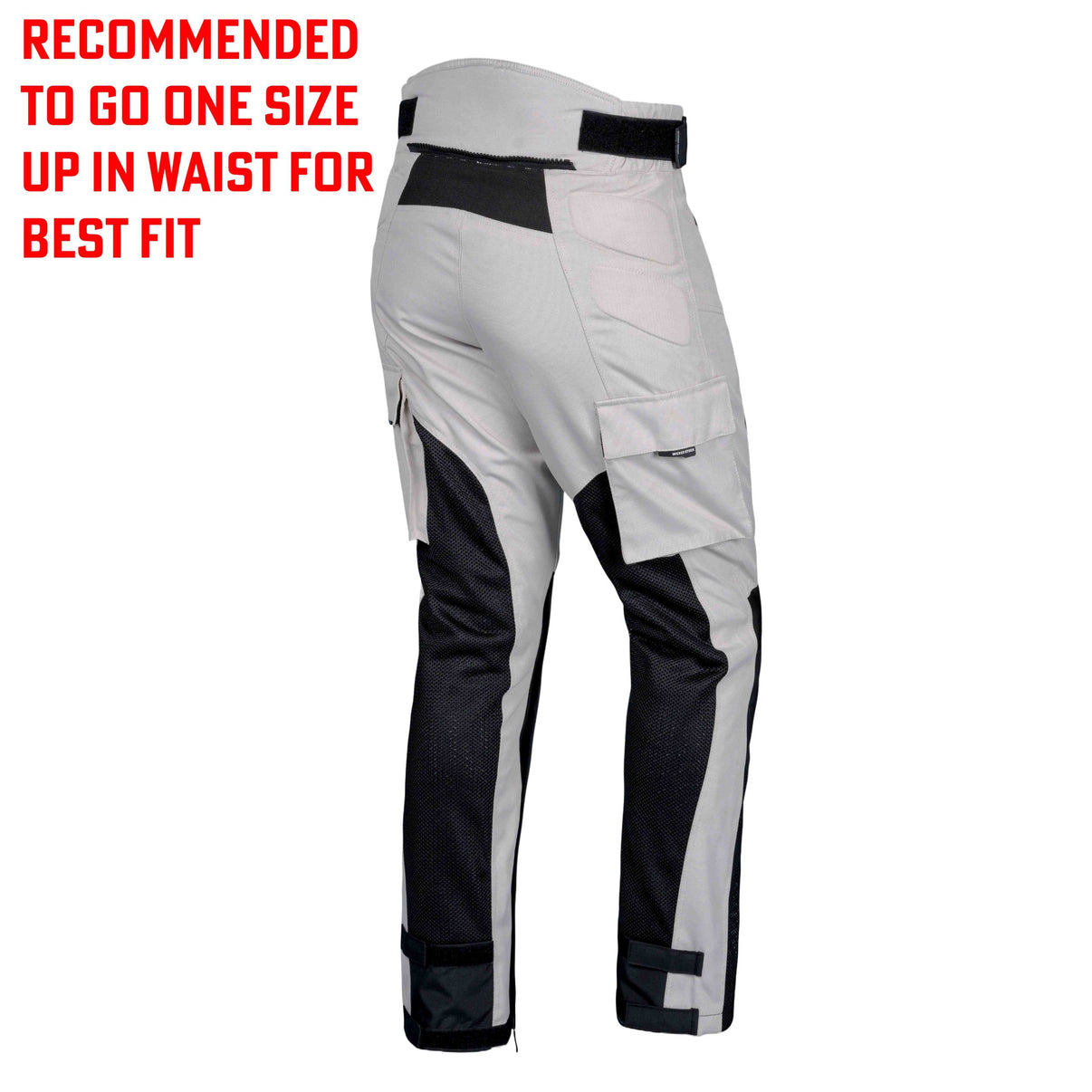 Grey and black mesh motorcycle riding pants shown in a three-quarter back view featuring pockets and straps