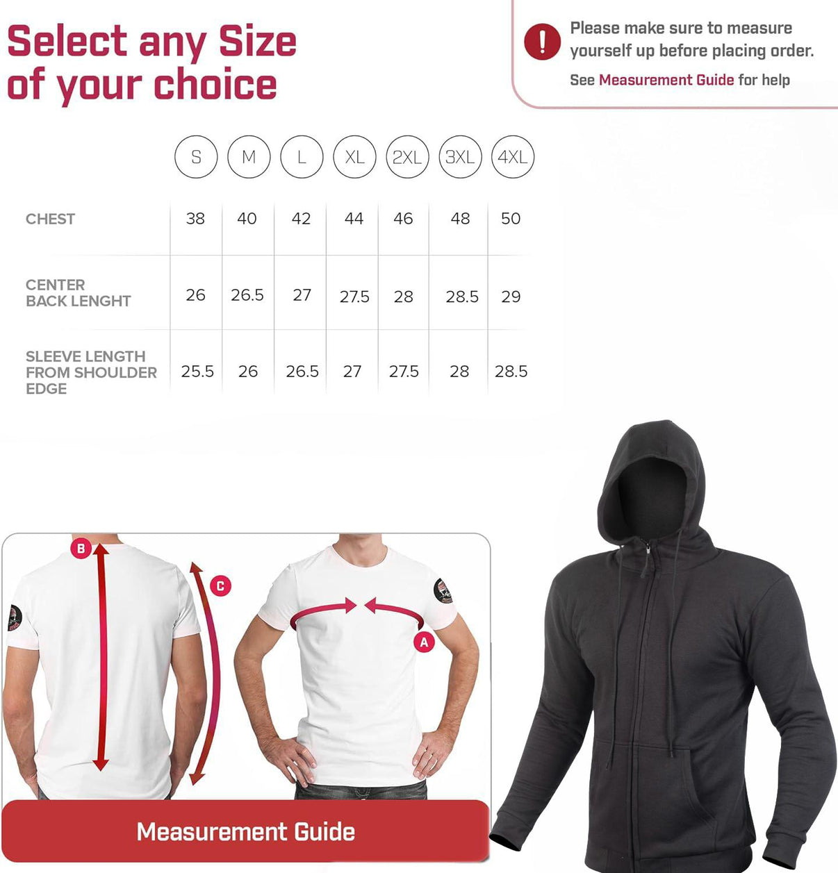 Front view of a black armored motorcycle hoodie featuring YKK zippers