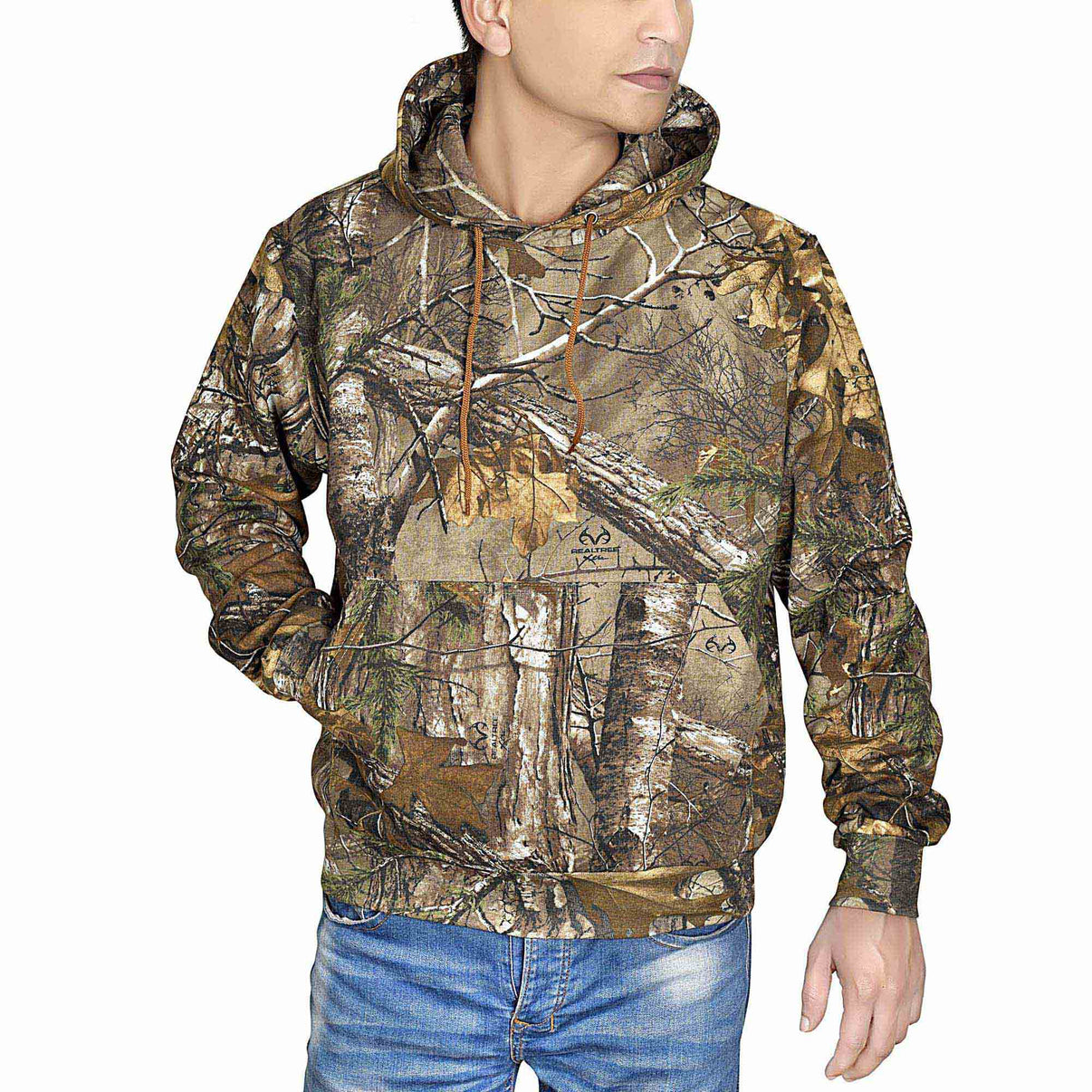 Front view of a fleece-lined camo armored motorcycle hoodie worn by a model