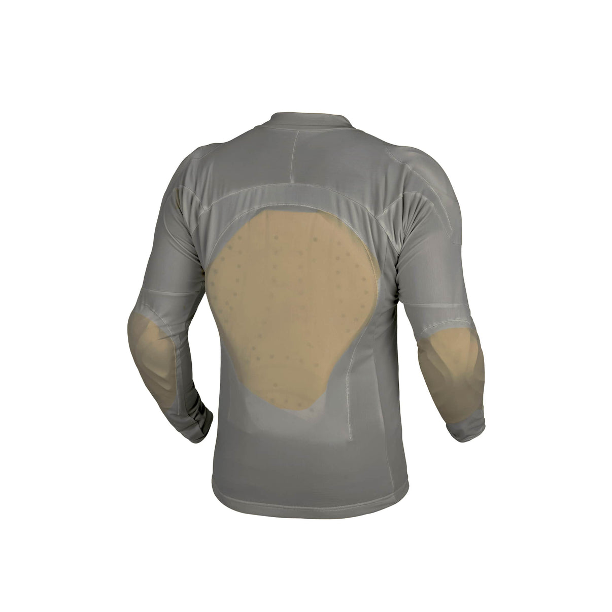 Back view of a grey CE armor motorcycle riding shirt with visible back and elbow panels