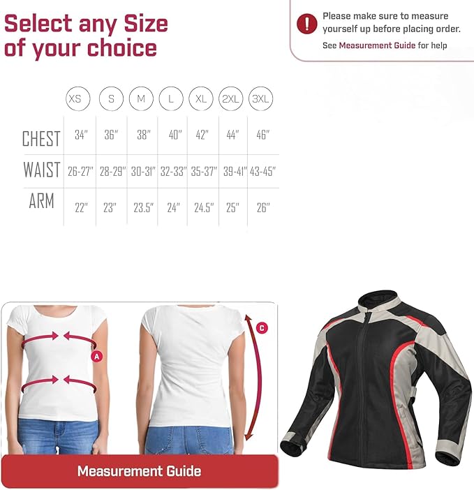 Sizing chart for women's jacket showing chest, waist, and arm measurements for sizes XS to 3XL