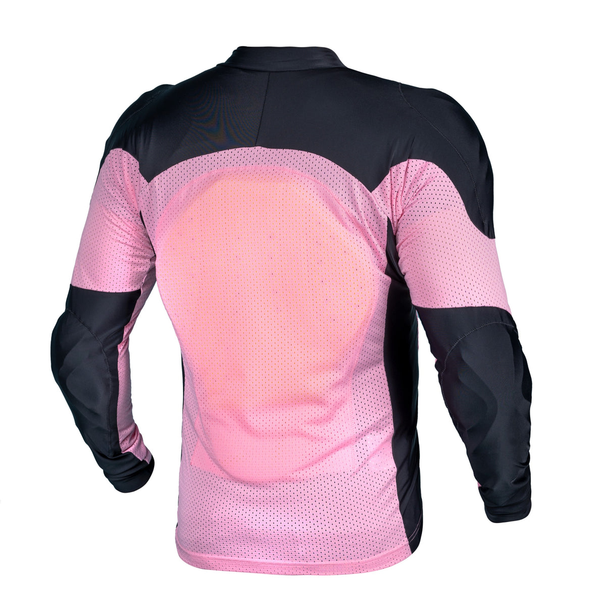 Back view of a black and pink mesh motorcycle riding shirt featuring CE Level 2 armor