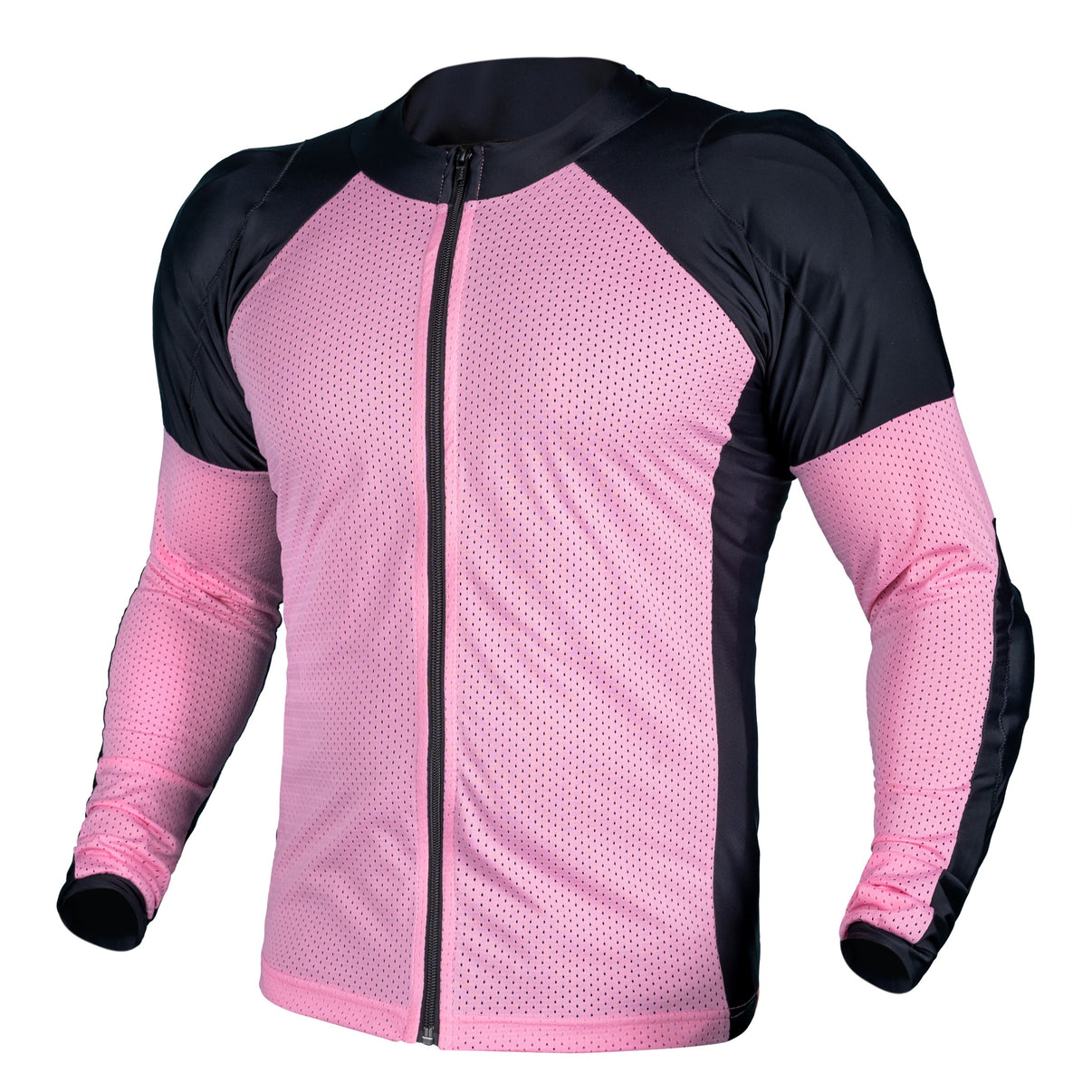 Front view of a pink mesh motorcycle riding shirt featuring a full-length front zip and mesh panels