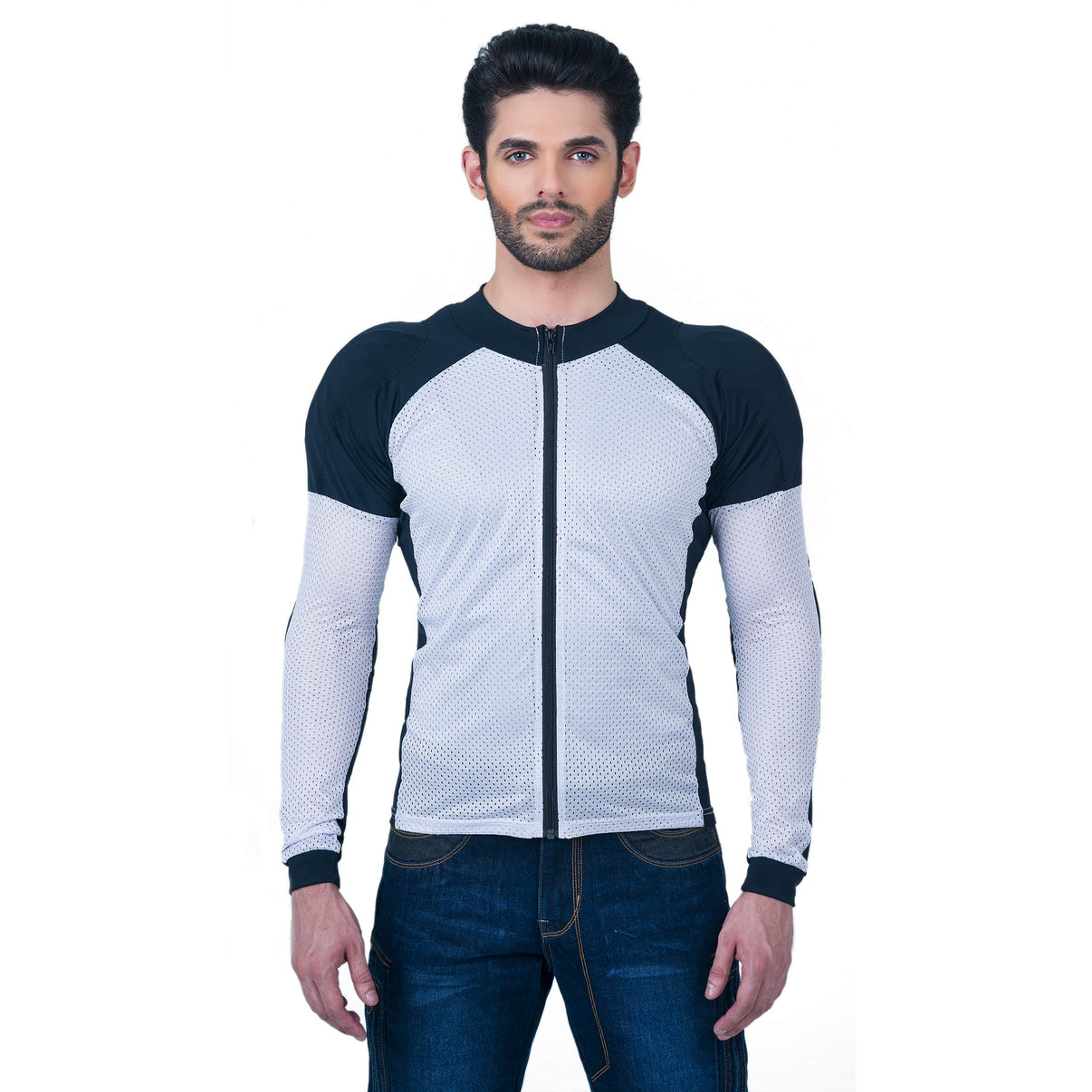 A model wears a black and white mesh motorcycle riding shirt with a full-length front zip