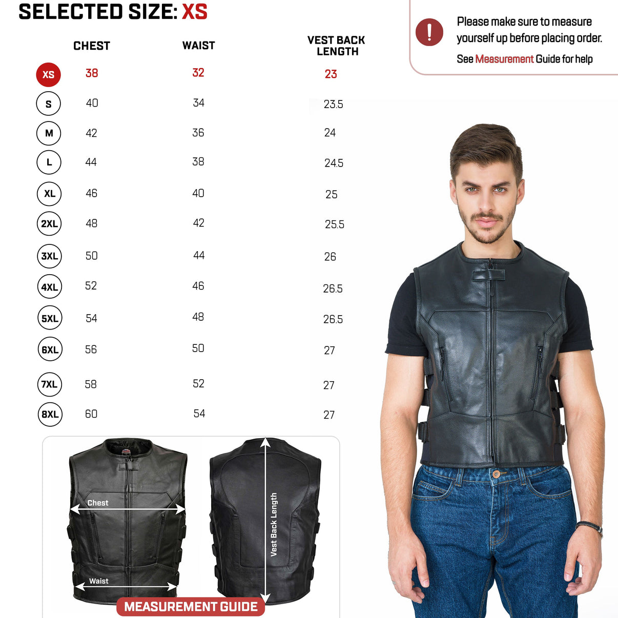 Model wearing a black full-grain cowhide leather motorcycle vest with front zips and stretch panels