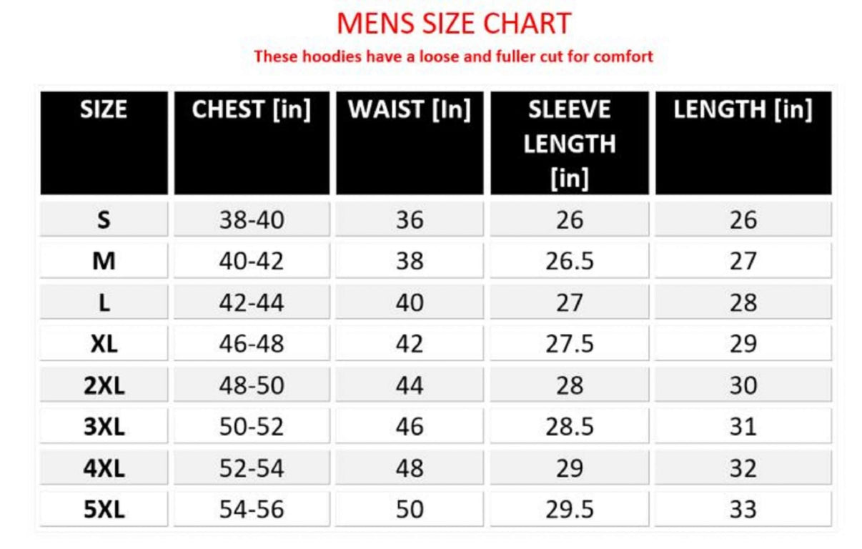 Size chart listing chest, waist, sleeve length, and length for men's sizes S through 5XL