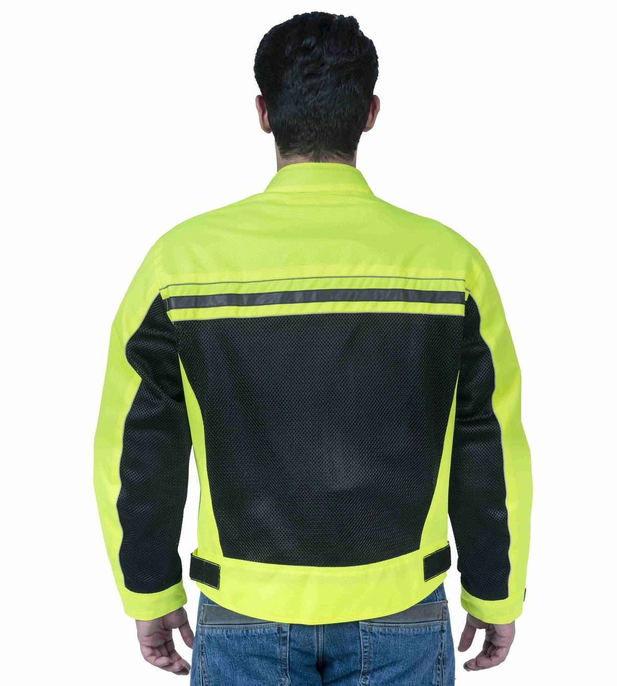 Rear view of a model wearing a neon yellow and black mesh motorcycle jacket with CE Level 1 armor, 600D textile shell