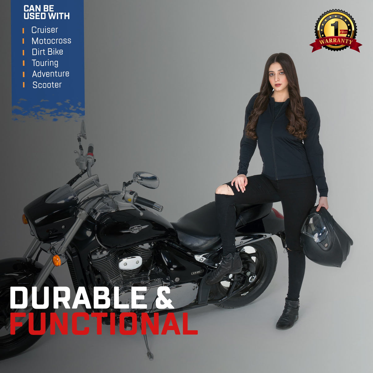 A model wears a black CE armor motorcycle riding shirt featuring a front zipper