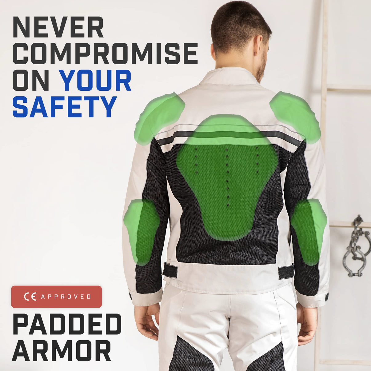A model wears a mesh motorcycle jacket featuring CE Level 1 armor, a 600D textile shell, and mesh panels from the back view