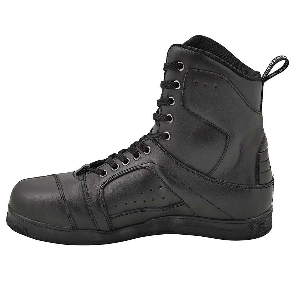 Profile view of black leather motorcycle boots showing laces, panels, and cuffs