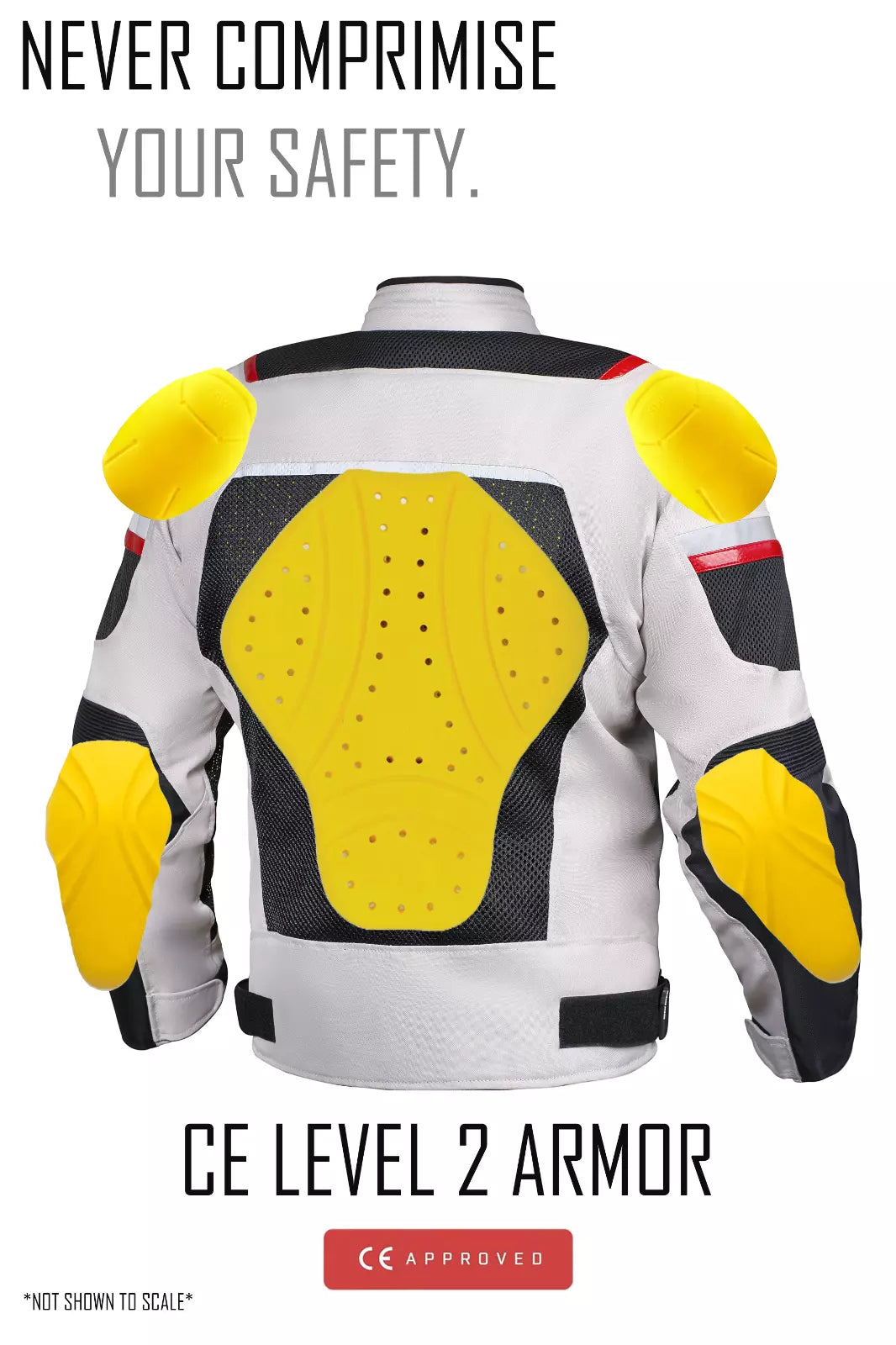 Back view of the sahara sand mesh motorcycle jacket showing CE Level 2 armor and mesh panels