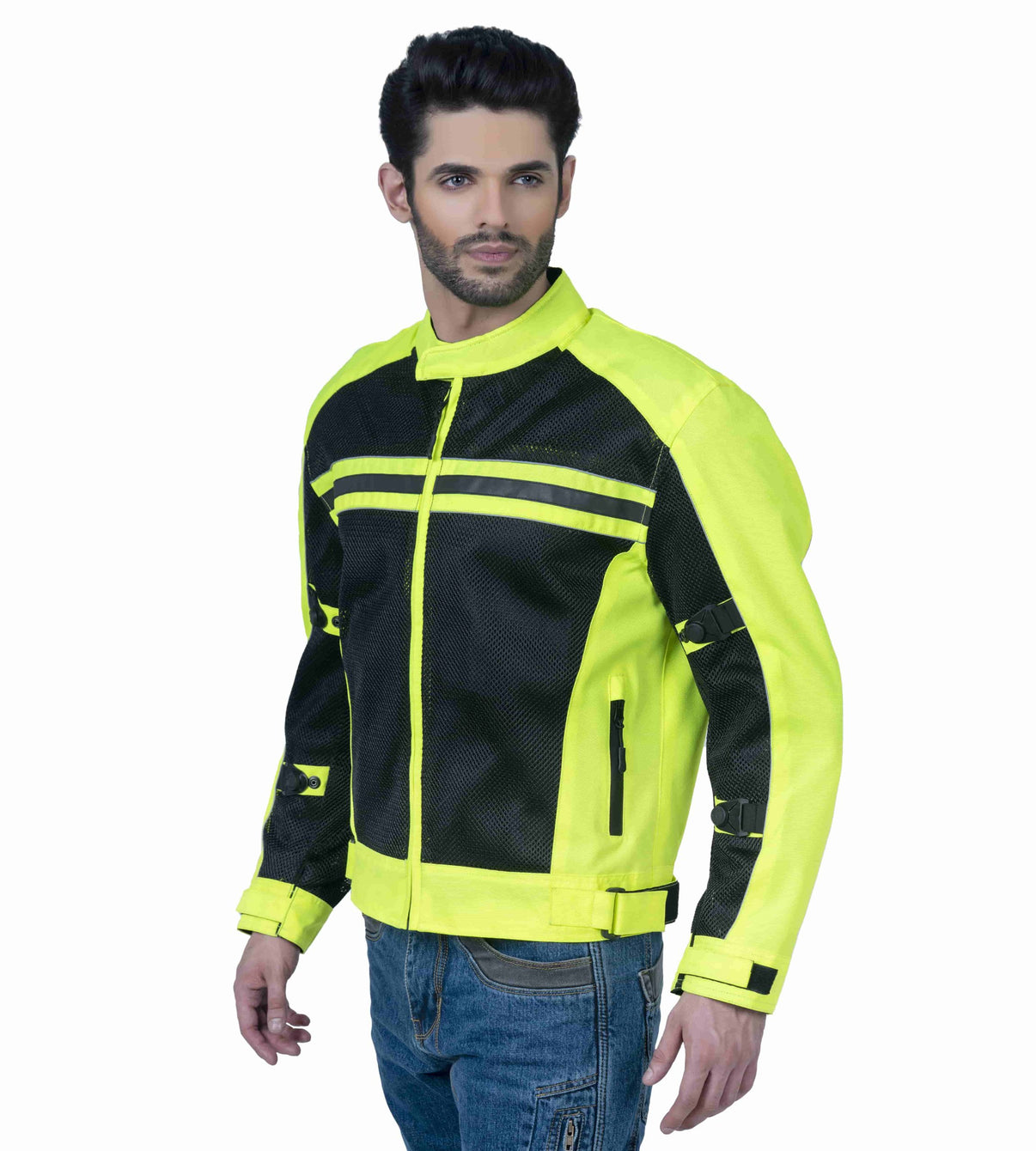 A model wears a black and high-visibility yellow mesh motorcycle jacket featuring CE Level 1 armor