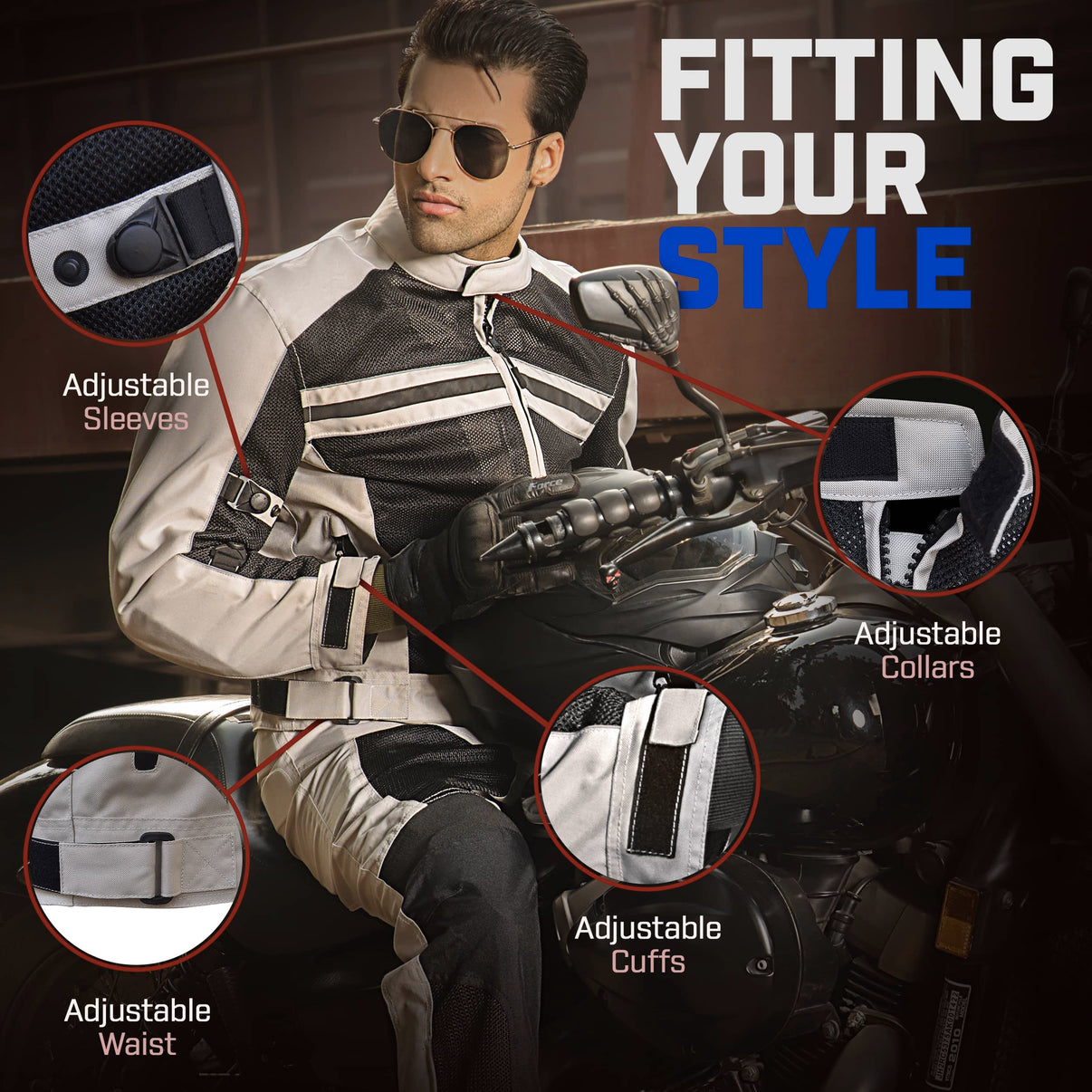 A model wearing a grey mesh motorcycle jacket with 600D textile shell and CE Level 1 armor