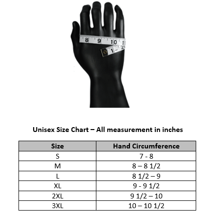 A glove size chart covers S to 3XL, measuring hand circumference from 7 to 10.5 inches