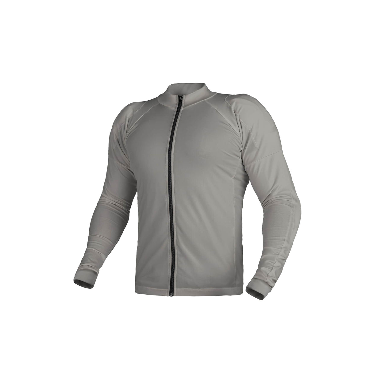 Front view of a gray motorcycle riding shirt with CE armor and a center zipper