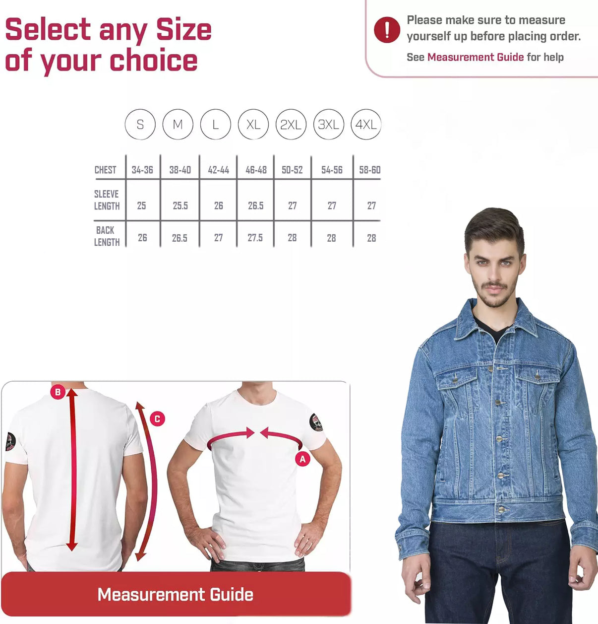 Front view of a blue denim motorcycle jacket worn by a model, showing chest pockets