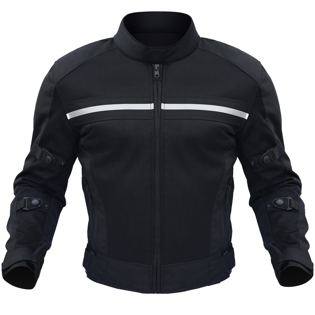 Front view of a black mesh motorcycle jacket featuring CE Level 1 armor, 600D textile shell, mesh panels