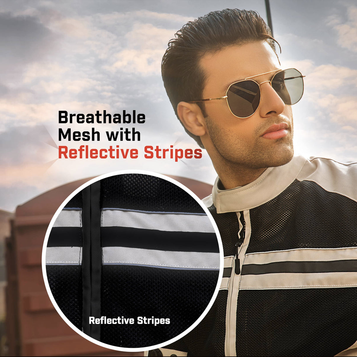 A model wears a black and beige mesh motorcycle jacket featuring CE Level 1 armor, 600D textile shell, mesh panels