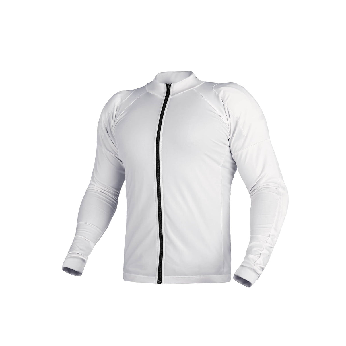 Front view of a white motorcycle riding shirt featuring CE armor, a front zip, and long sleeves