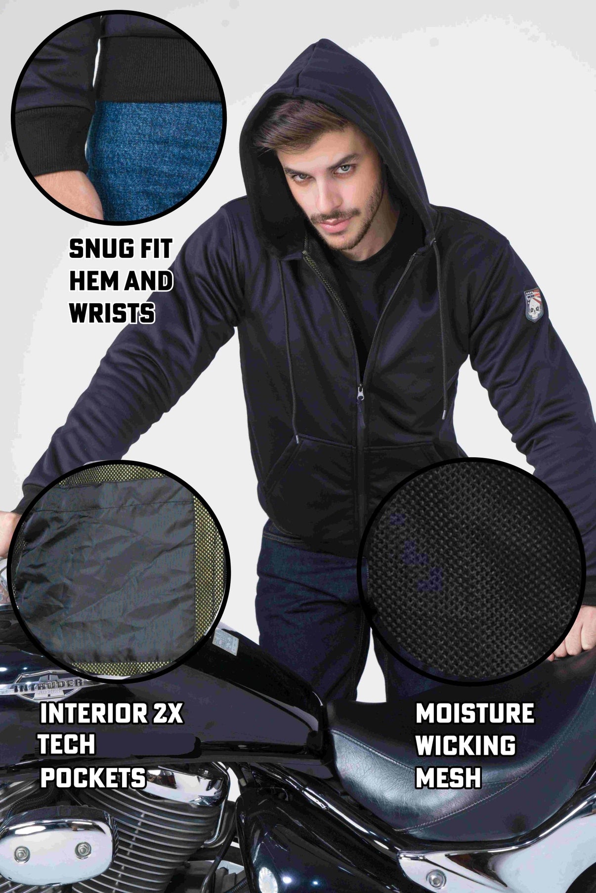 A front view of a black armored motorcycle hoodie with a YKK zipper, aramid lining, and CE Level 2 armor, worn by a model