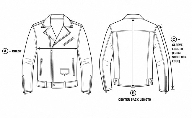 Black and white line art diagram showing front and back views of motorcycle leather jacket with labeled measurement arrows for chest, center back length, and sleeve length.