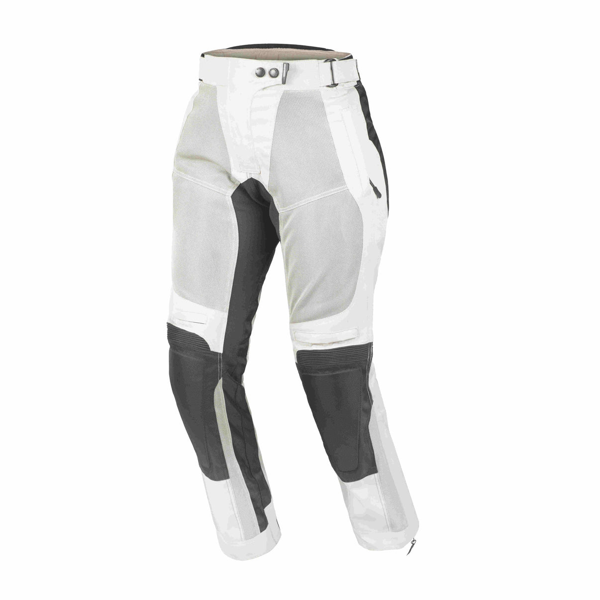 Front view of white mesh motorcycle riding pants featuring CE Level 1 armor and stretch panels