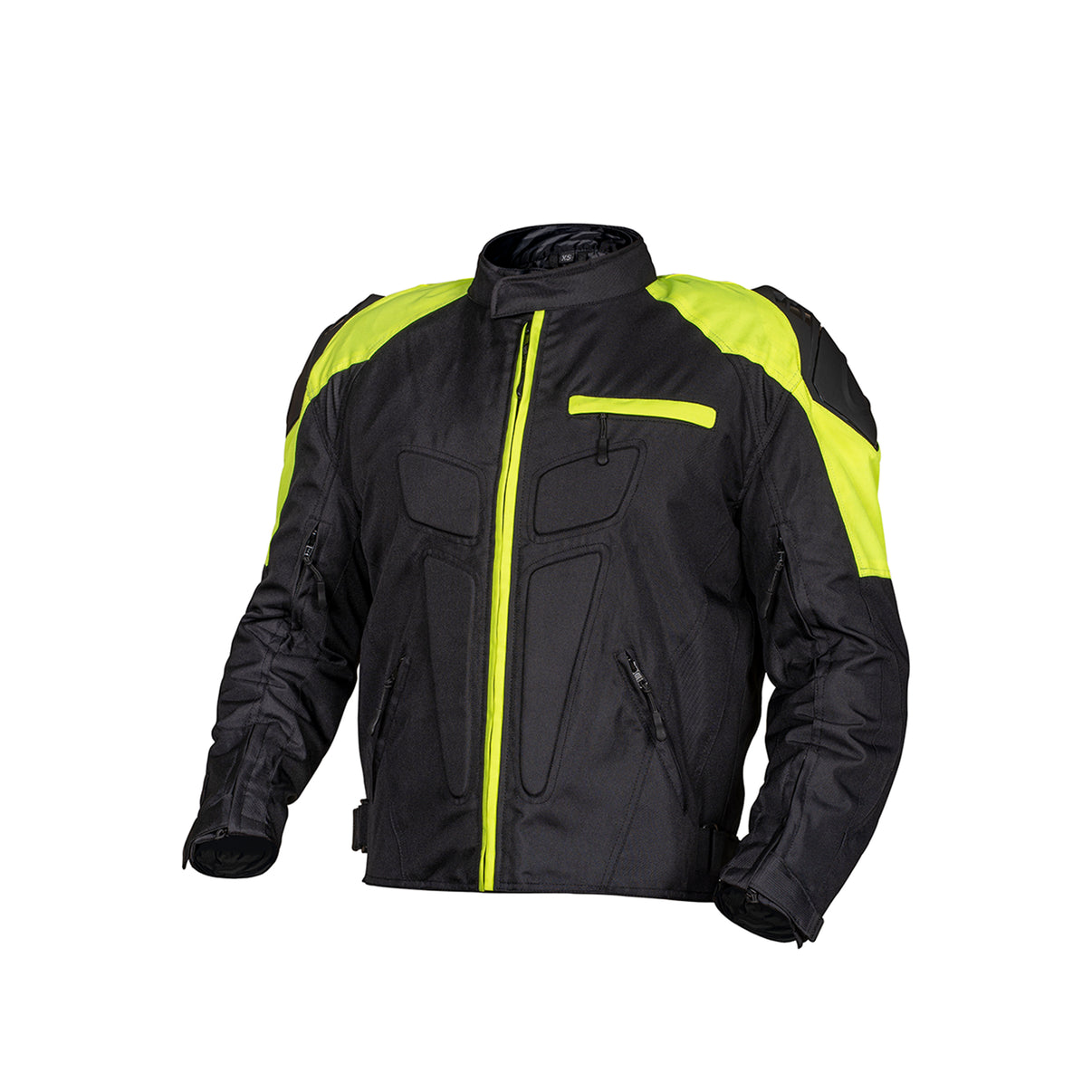 Front view of a waterproof yellow and black 600D textile motorcycle jacket featuring CE armor and zipped pockets