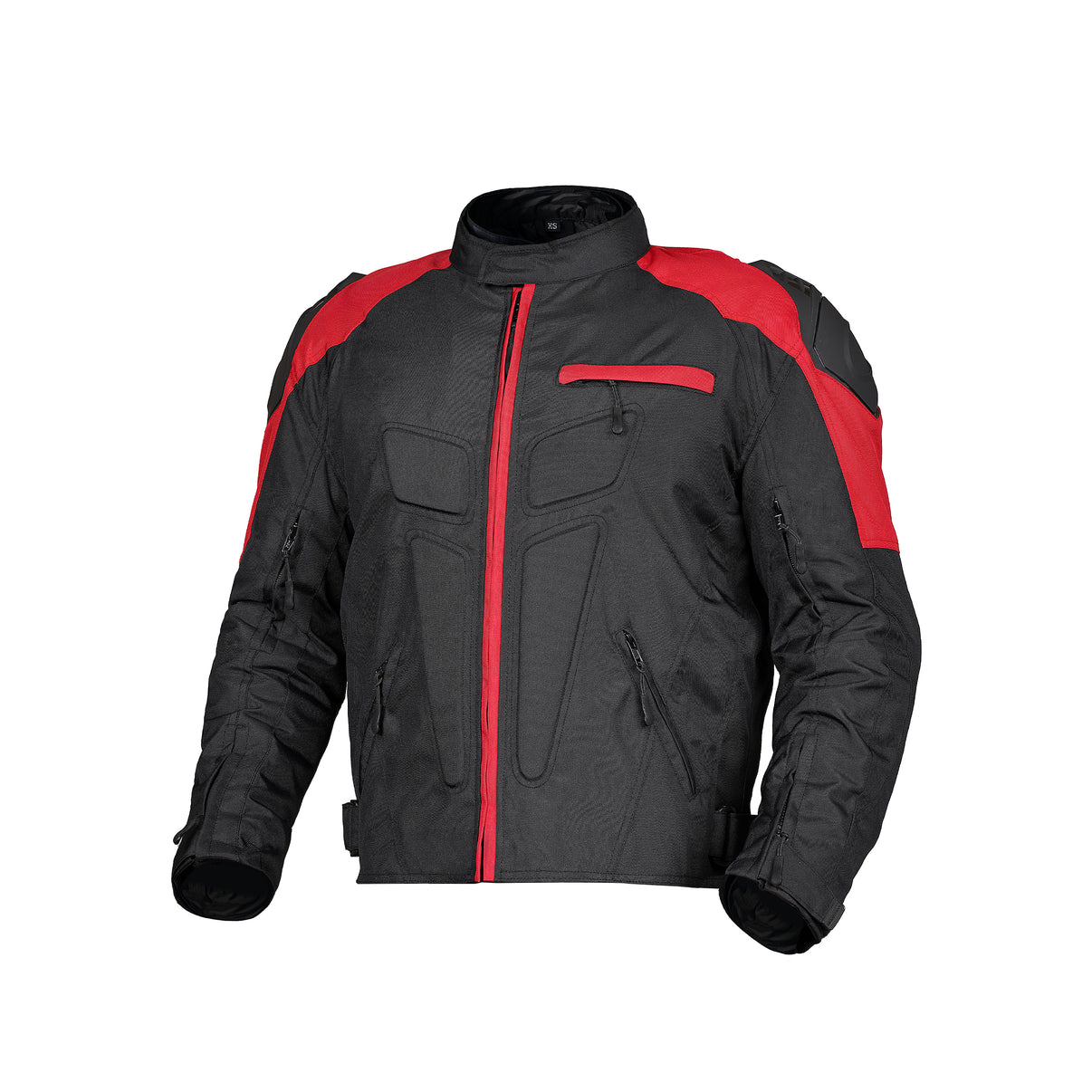 Front view of a waterproof red 600D textile motorcycle jacket featuring CE armor and zipped pockets